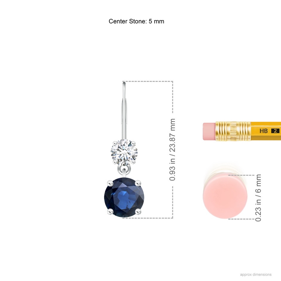 5mm AA Round Blue Sapphire Leverback Dangle Earrings with Diamond in White Gold ruler
