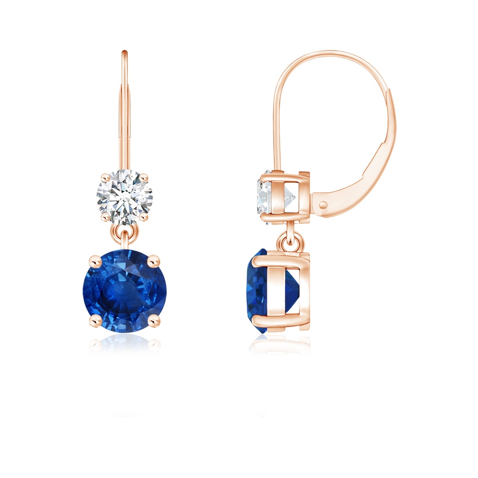 5mm AAA Round Blue Sapphire Leverback Dangle Earrings with Diamond in Rose Gold 