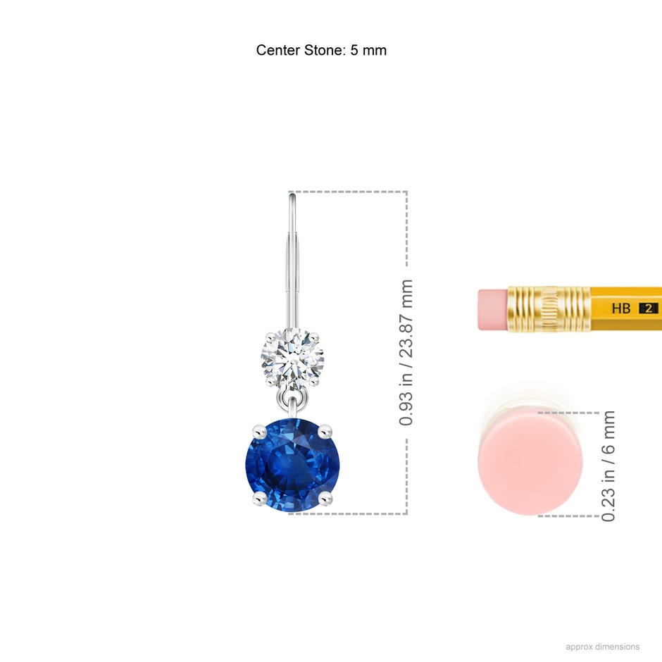 5mm AAA Round Blue Sapphire Leverback Dangle Earrings with Diamond in White Gold ruler