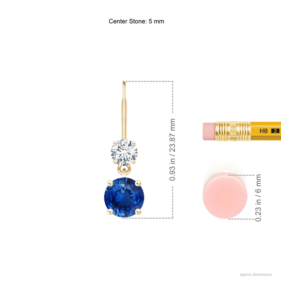 5mm AAA Round Blue Sapphire Leverback Dangle Earrings with Diamond in Yellow Gold ruler