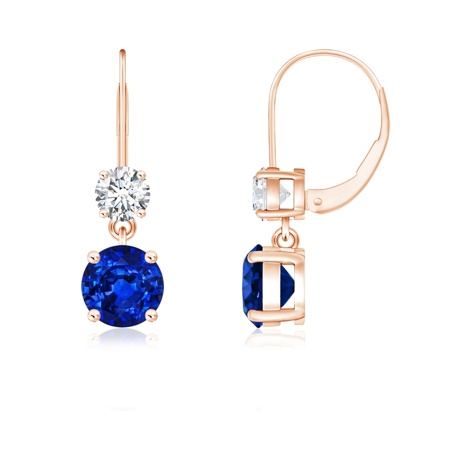 5mm AAAA Round Blue Sapphire Leverback Dangle Earrings with Diamond in Rose Gold 
