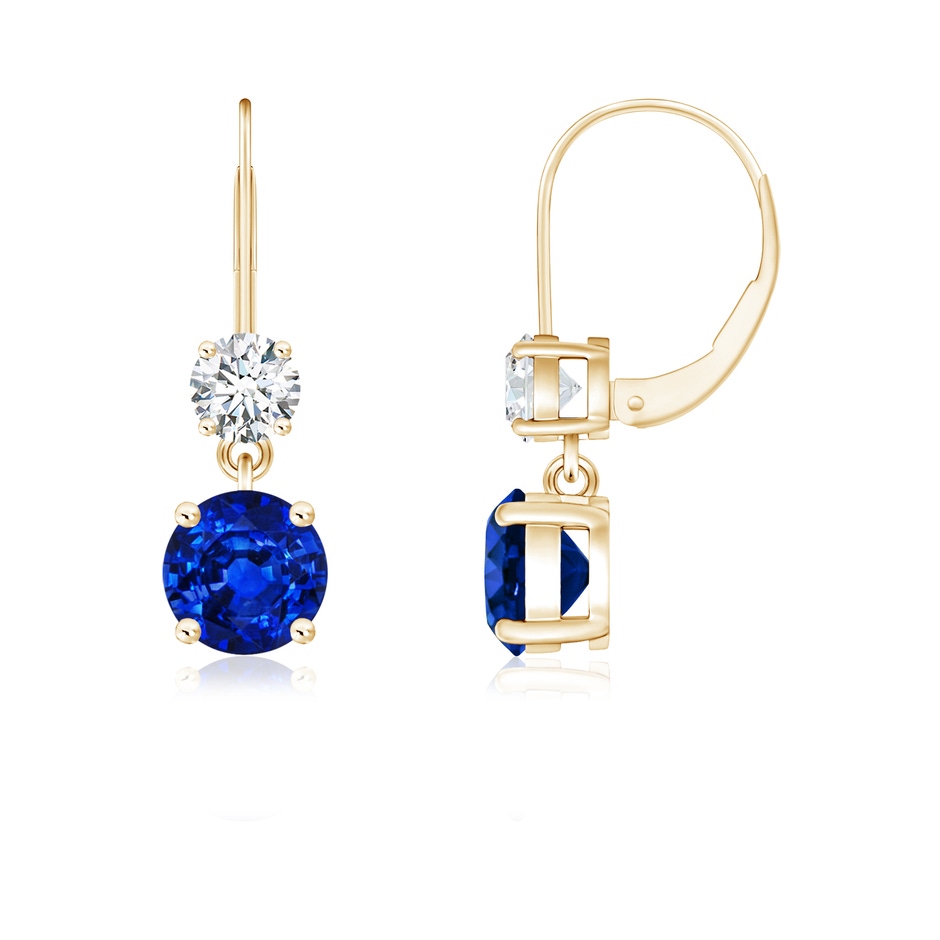 5mm AAAA Round Blue Sapphire Leverback Dangle Earrings with Diamond in Yellow Gold 