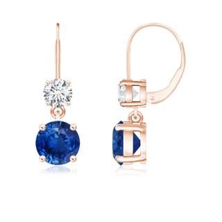 6mm AAA Round Blue Sapphire Leverback Dangle Earrings with Diamond in 10K Rose Gold