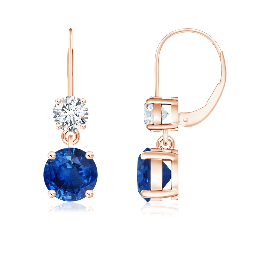 6mm AAA Round Blue Sapphire Leverback Dangle Earrings with Diamond in Rose Gold 