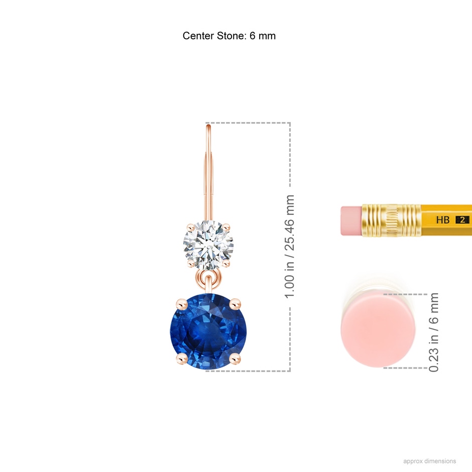 6mm AAA Round Blue Sapphire Leverback Dangle Earrings with Diamond in Rose Gold ruler