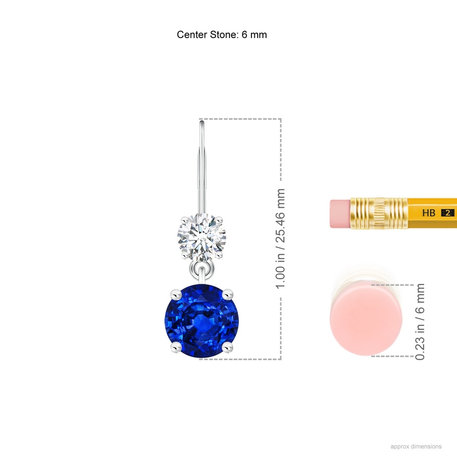 6mm AAAA Round Blue Sapphire Leverback Dangle Earrings with Diamond in P950 Platinum ruler