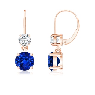 6mm AAAA Round Blue Sapphire Leverback Dangle Earrings with Diamond in Rose Gold