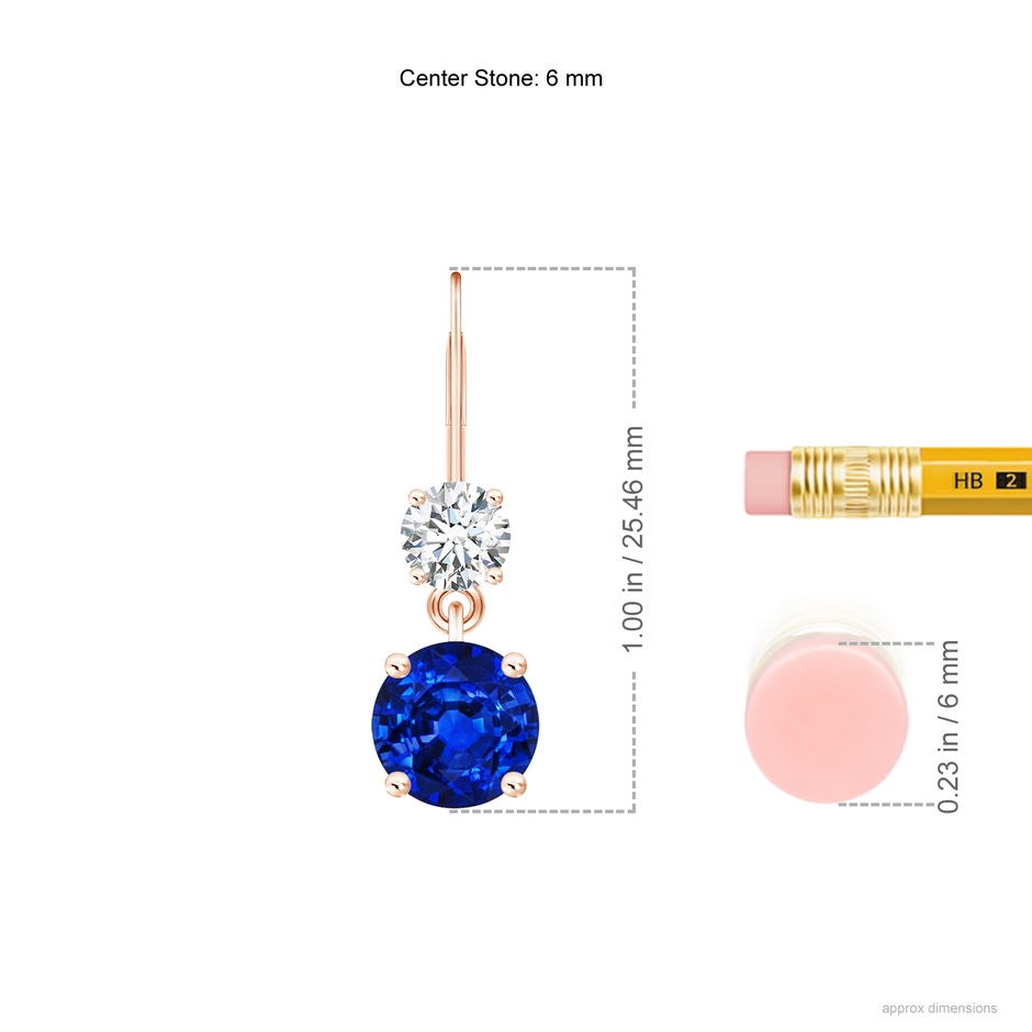 6mm AAAA Round Blue Sapphire Leverback Dangle Earrings with Diamond in Rose Gold ruler