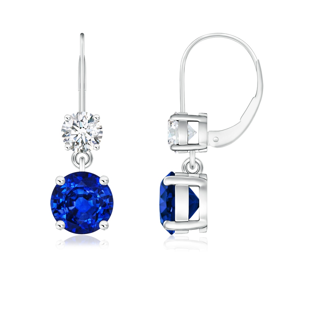 6mm AAAA Round Blue Sapphire Leverback Dangle Earrings with Diamond in White Gold