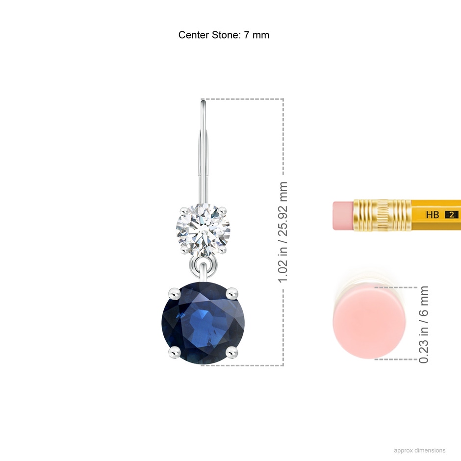 7mm AA Round Blue Sapphire Leverback Dangle Earrings with Diamond in P950 Platinum ruler