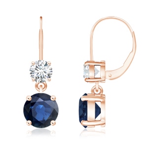 7mm AA Round Blue Sapphire Leverback Dangle Earrings with Diamond in Rose Gold