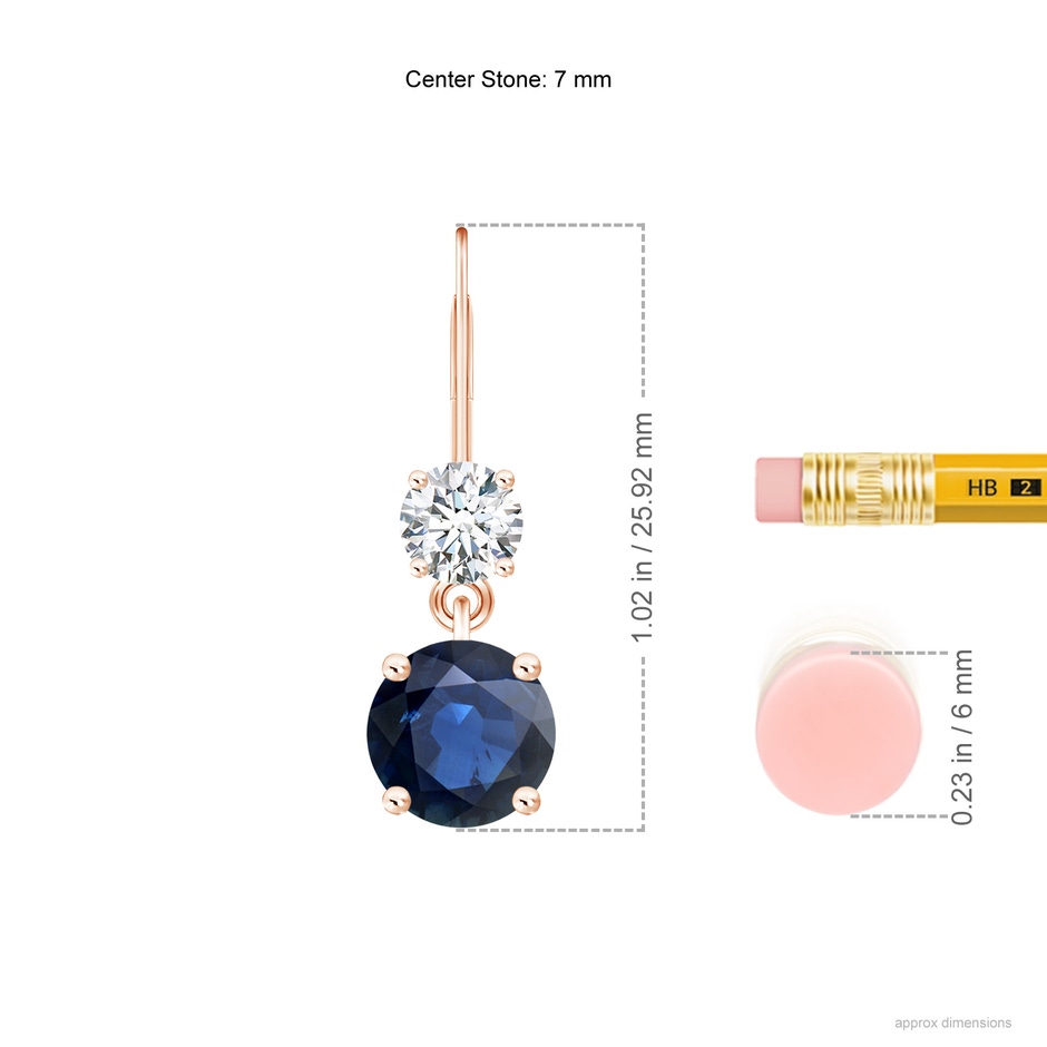7mm AA Round Blue Sapphire Leverback Dangle Earrings with Diamond in Rose Gold ruler
