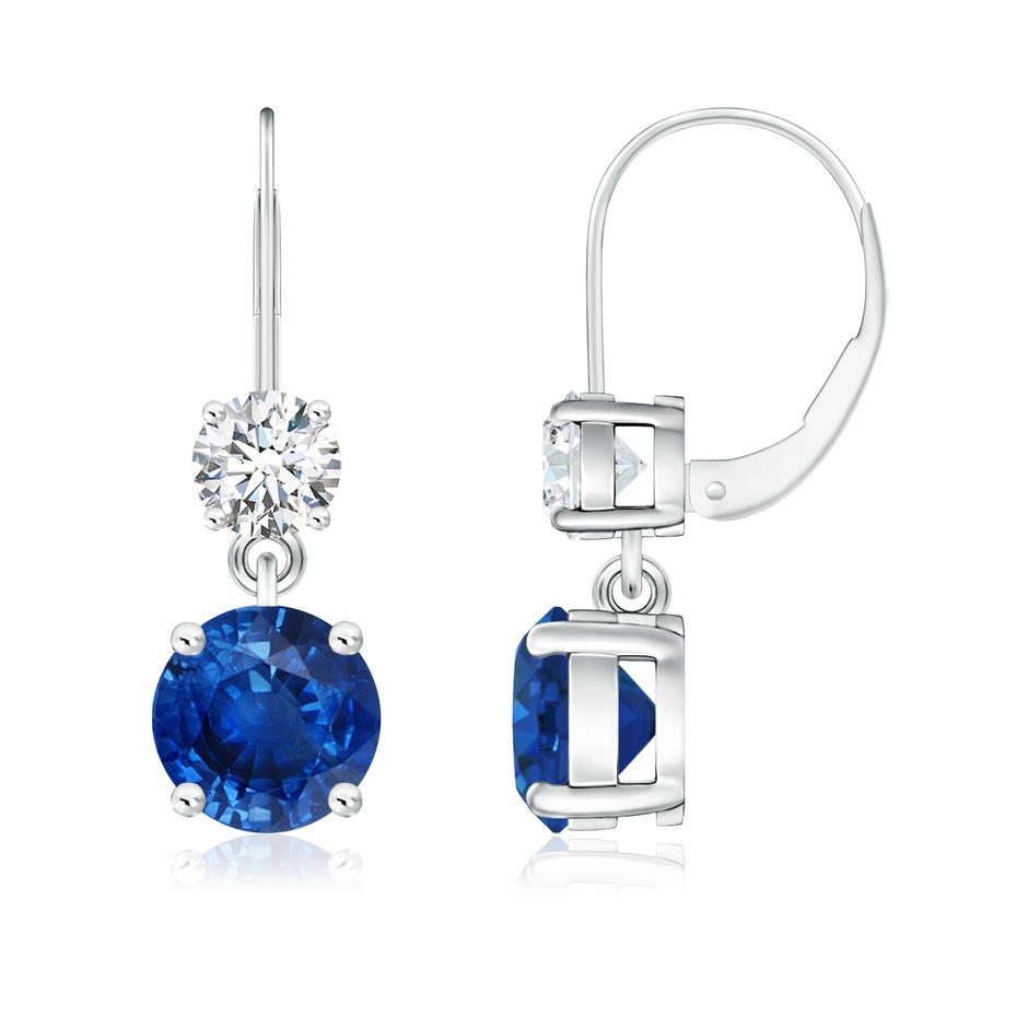 7mm AAA Round Blue Sapphire Leverback Dangle Earrings with Diamond in P950 Platinum 