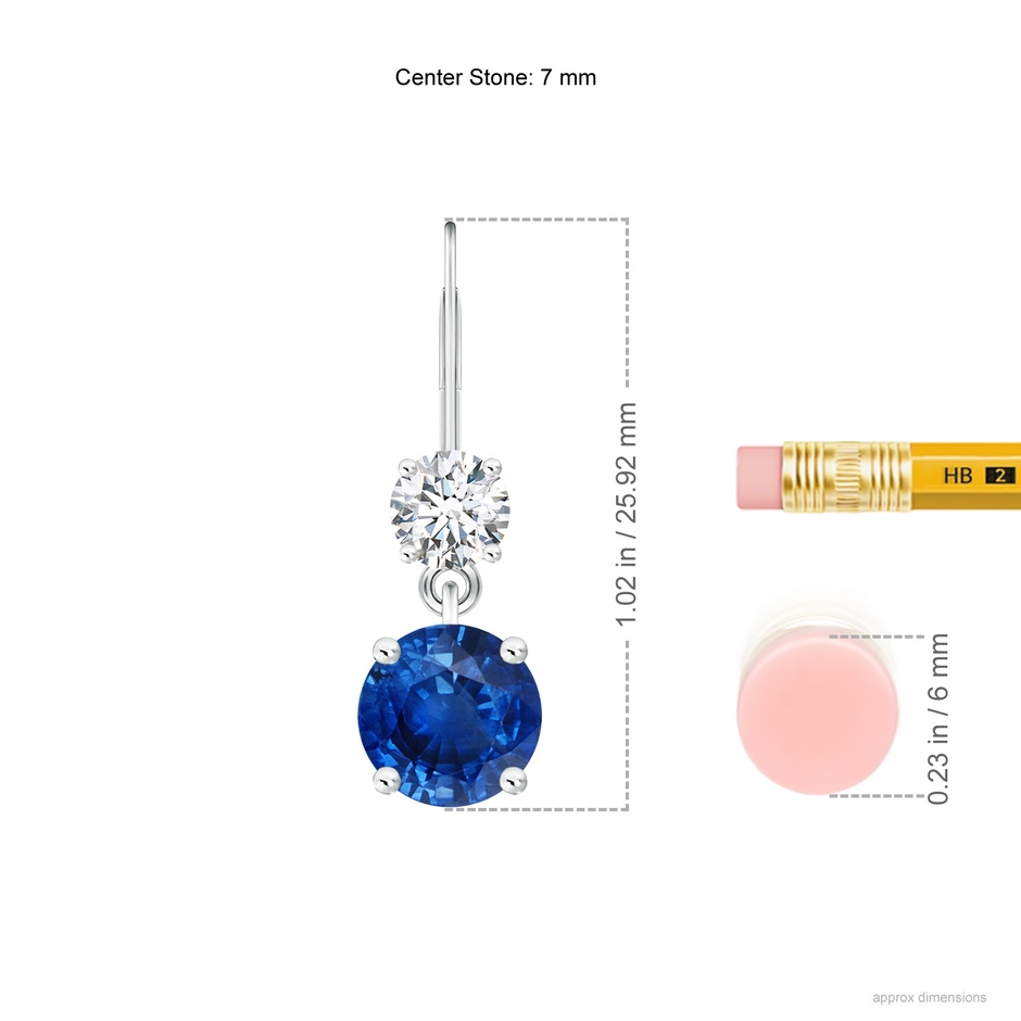7mm AAA Round Blue Sapphire Leverback Dangle Earrings with Diamond in P950 Platinum ruler