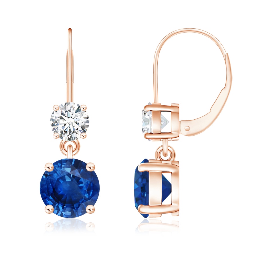 7mm AAA Round Blue Sapphire Leverback Dangle Earrings with Diamond in Rose Gold 
