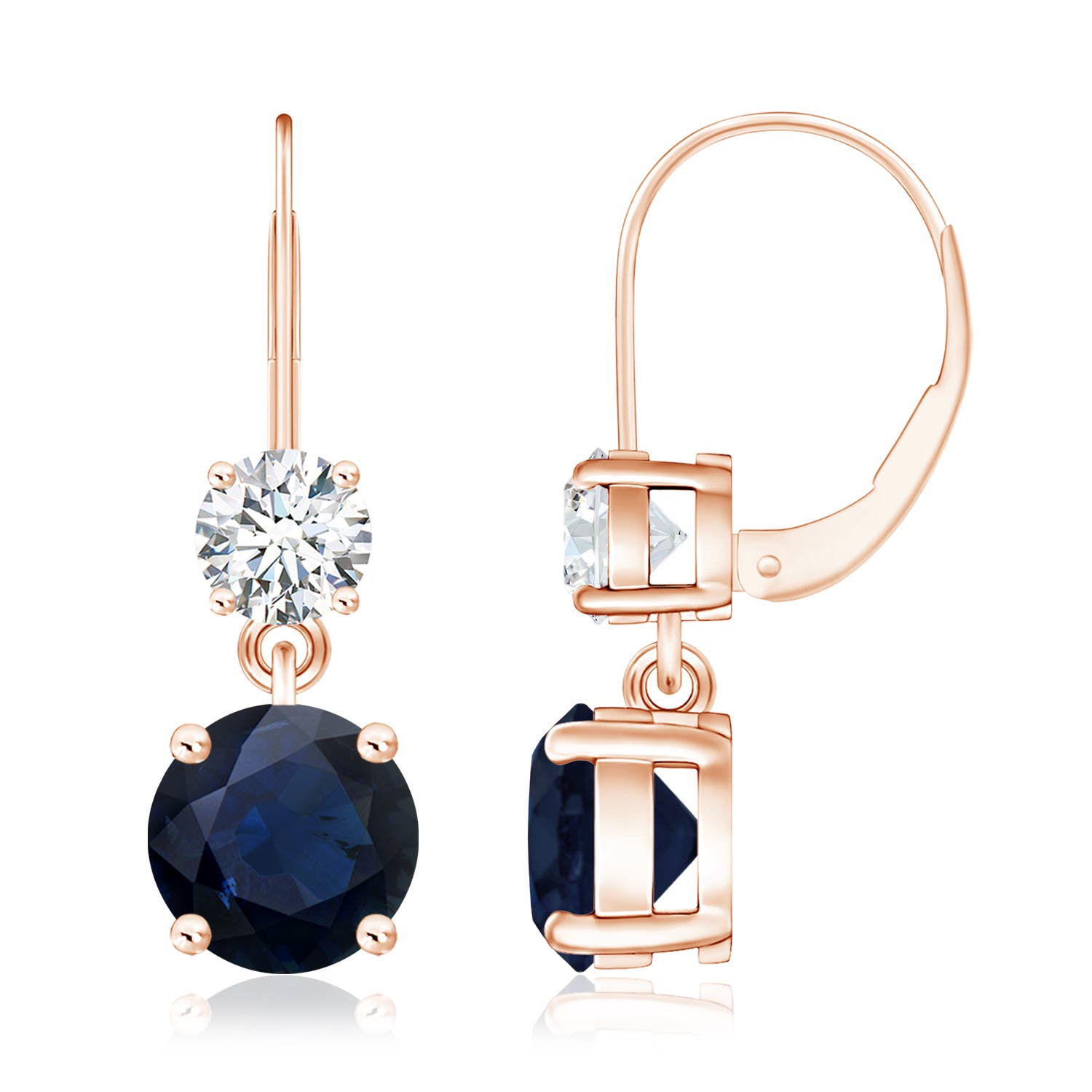 8mm A Round Blue Sapphire Leverback Dangle Earrings with Diamond in Rose Gold