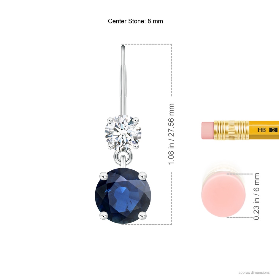 8mm AA Round Blue Sapphire Leverback Dangle Earrings with Diamond in P950 Platinum ruler
