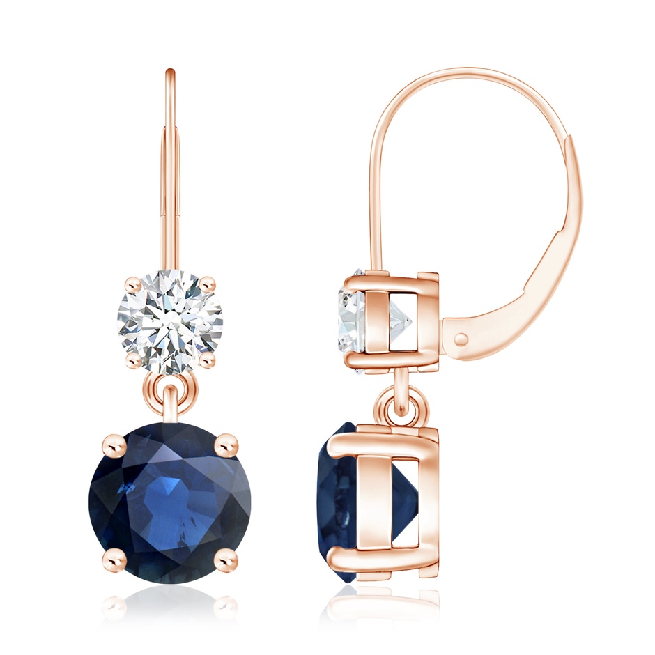 8mm AA Round Blue Sapphire Leverback Dangle Earrings with Diamond in Rose Gold 