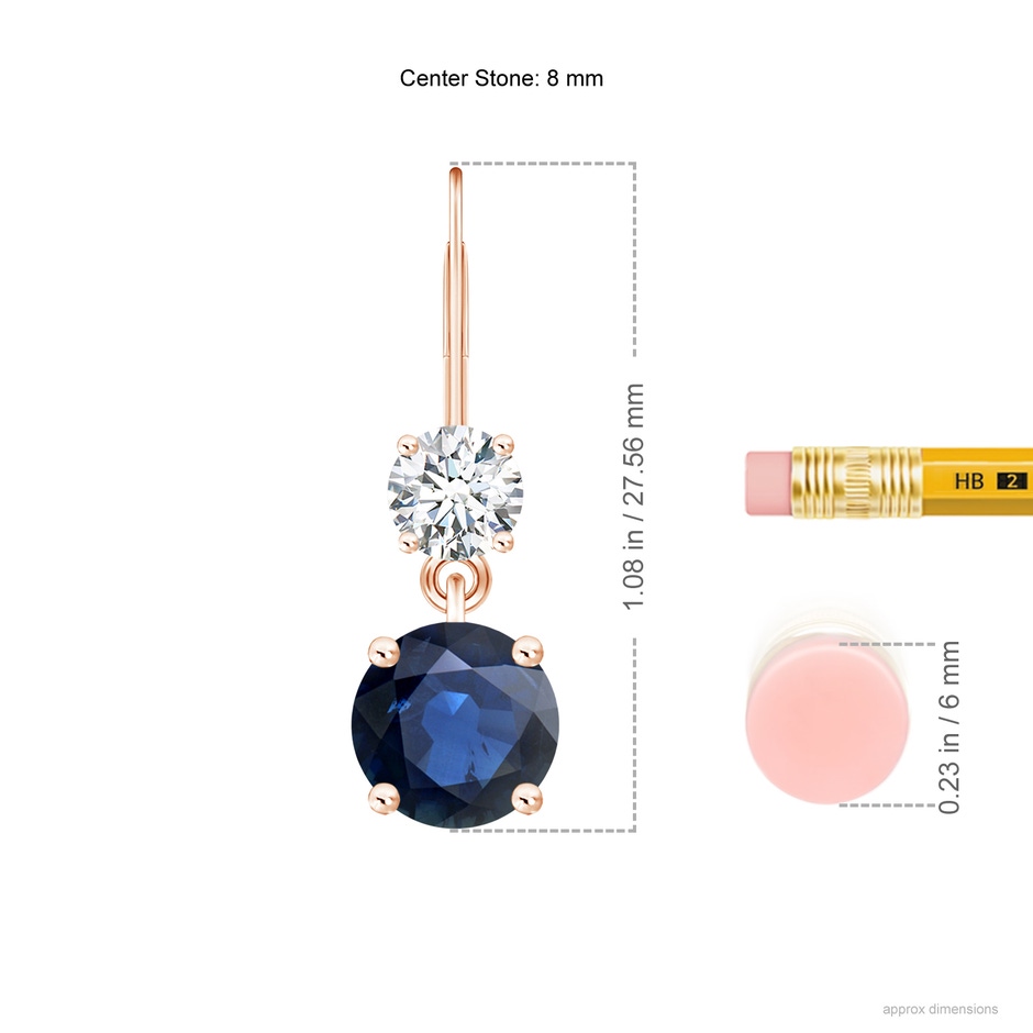 8mm AA Round Blue Sapphire Leverback Dangle Earrings with Diamond in Rose Gold ruler