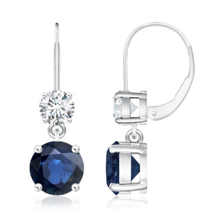 8mm AA Round Blue Sapphire Leverback Dangle Earrings with Diamond in White Gold