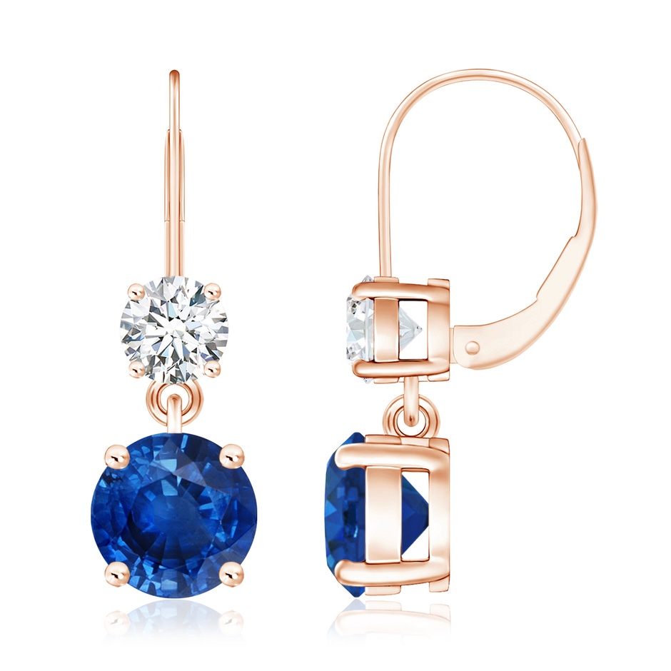 8mm AAA Round Blue Sapphire Leverback Dangle Earrings with Diamond in Rose Gold 