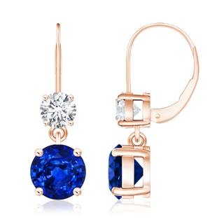 8mm AAAA Round Blue Sapphire Leverback Dangle Earrings with Diamond in 10K Rose Gold