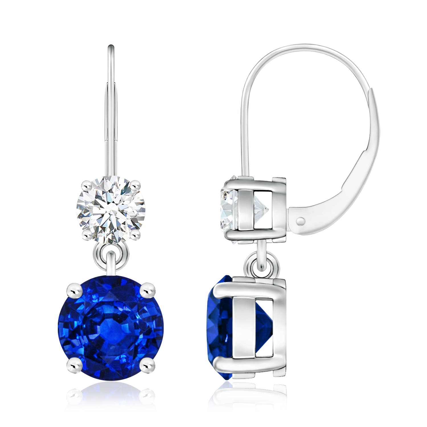 8mm AAAA Round Blue Sapphire Leverback Dangle Earrings with Diamond in White Gold