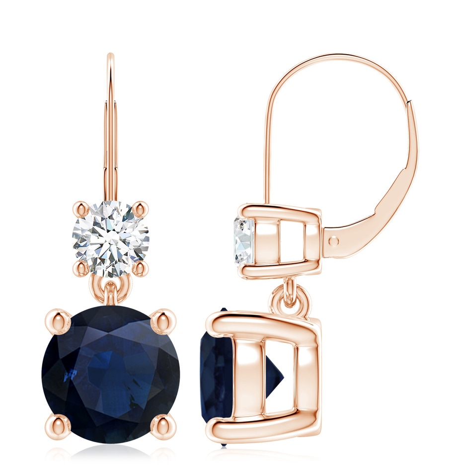 9mm A Round Blue Sapphire Leverback Dangle Earrings with Diamond in Rose Gold 