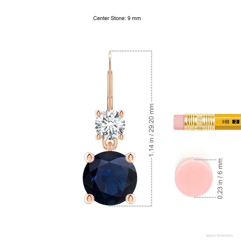 9mm A Round Blue Sapphire Leverback Dangle Earrings with Diamond in Rose Gold ruler