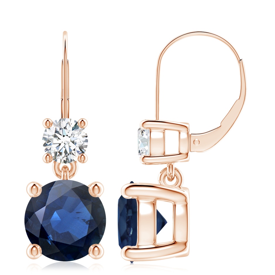 9mm AA Round Blue Sapphire Leverback Dangle Earrings with Diamond in Rose Gold 