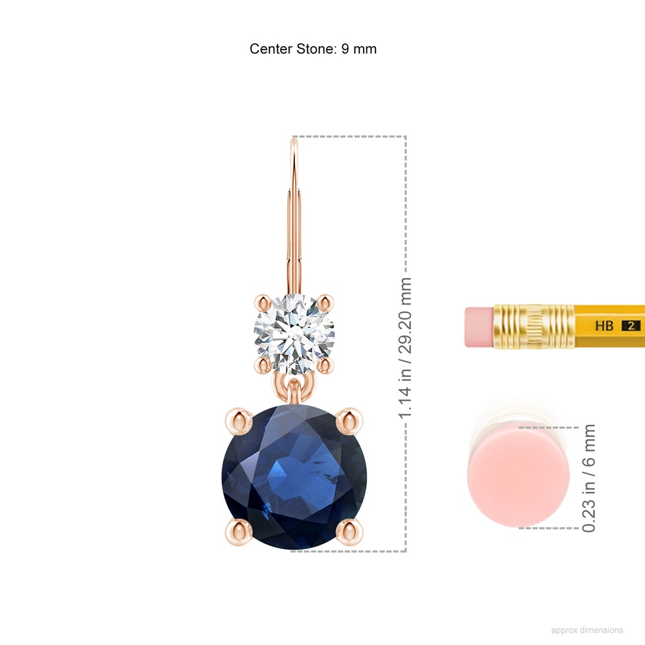 9mm AA Round Blue Sapphire Leverback Dangle Earrings with Diamond in Rose Gold ruler