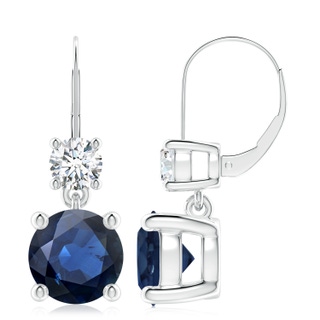 9mm AA Round Blue Sapphire Leverback Dangle Earrings with Diamond in White Gold