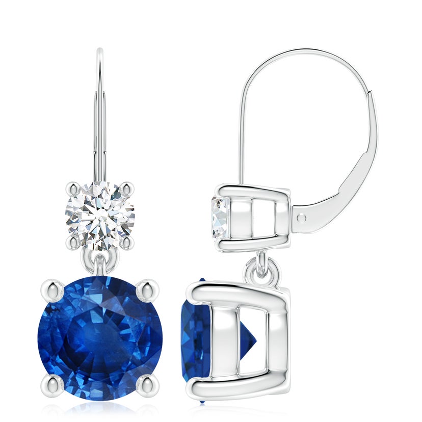 Round Blue Sapphire Leverback Dangle Earrings with Diamond
