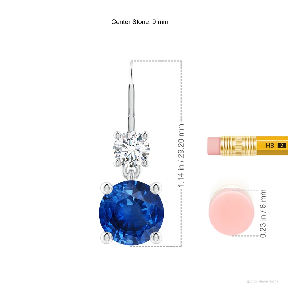 9mm AAA Round Blue Sapphire Leverback Dangle Earrings with Diamond in P950 Platinum ruler