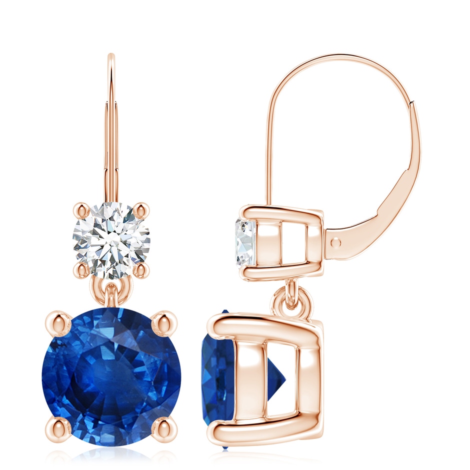 9mm AAA Round Blue Sapphire Leverback Dangle Earrings with Diamond in Rose Gold 