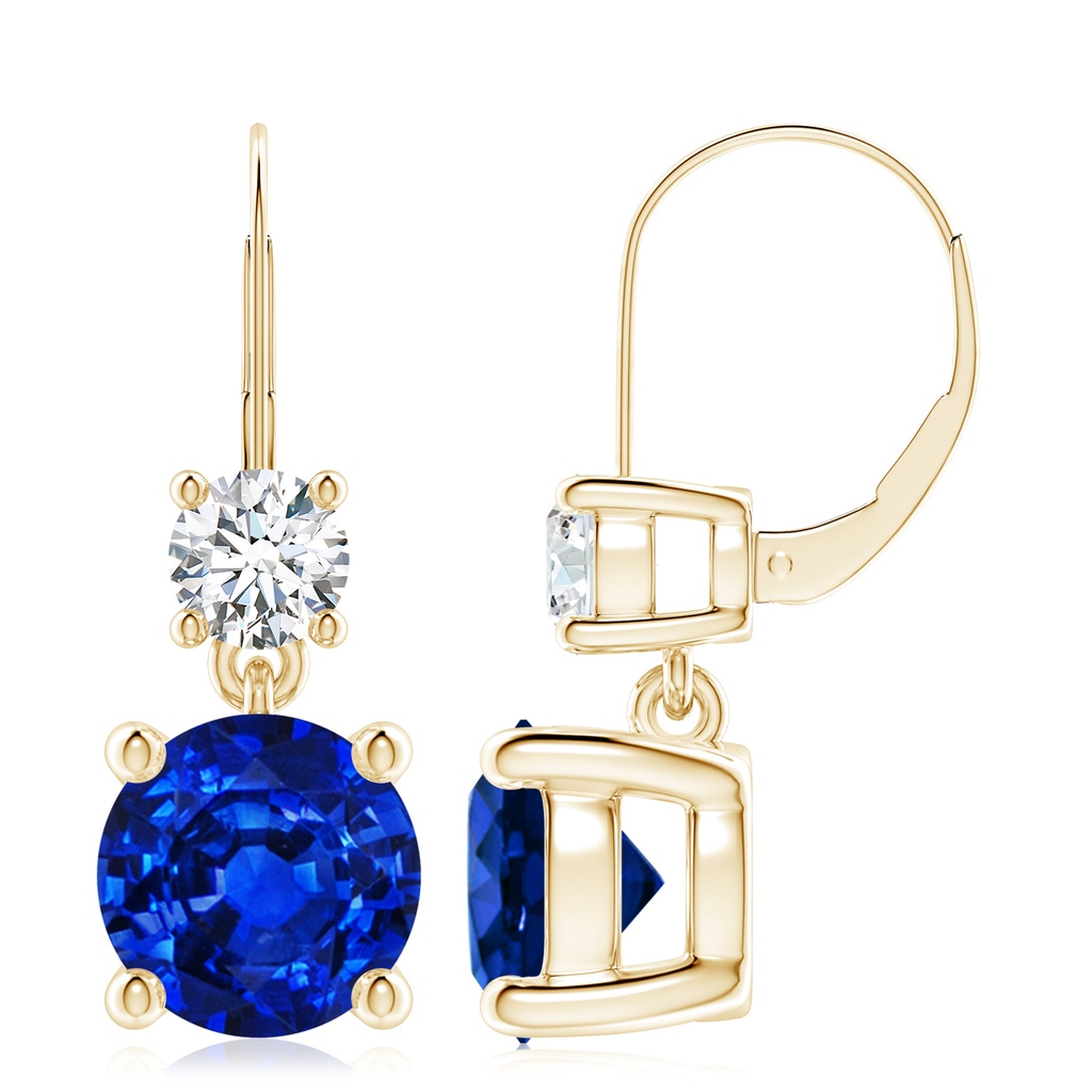 9mm AAAA Round Blue Sapphire Leverback Dangle Earrings with Diamond in 10K Yellow Gold