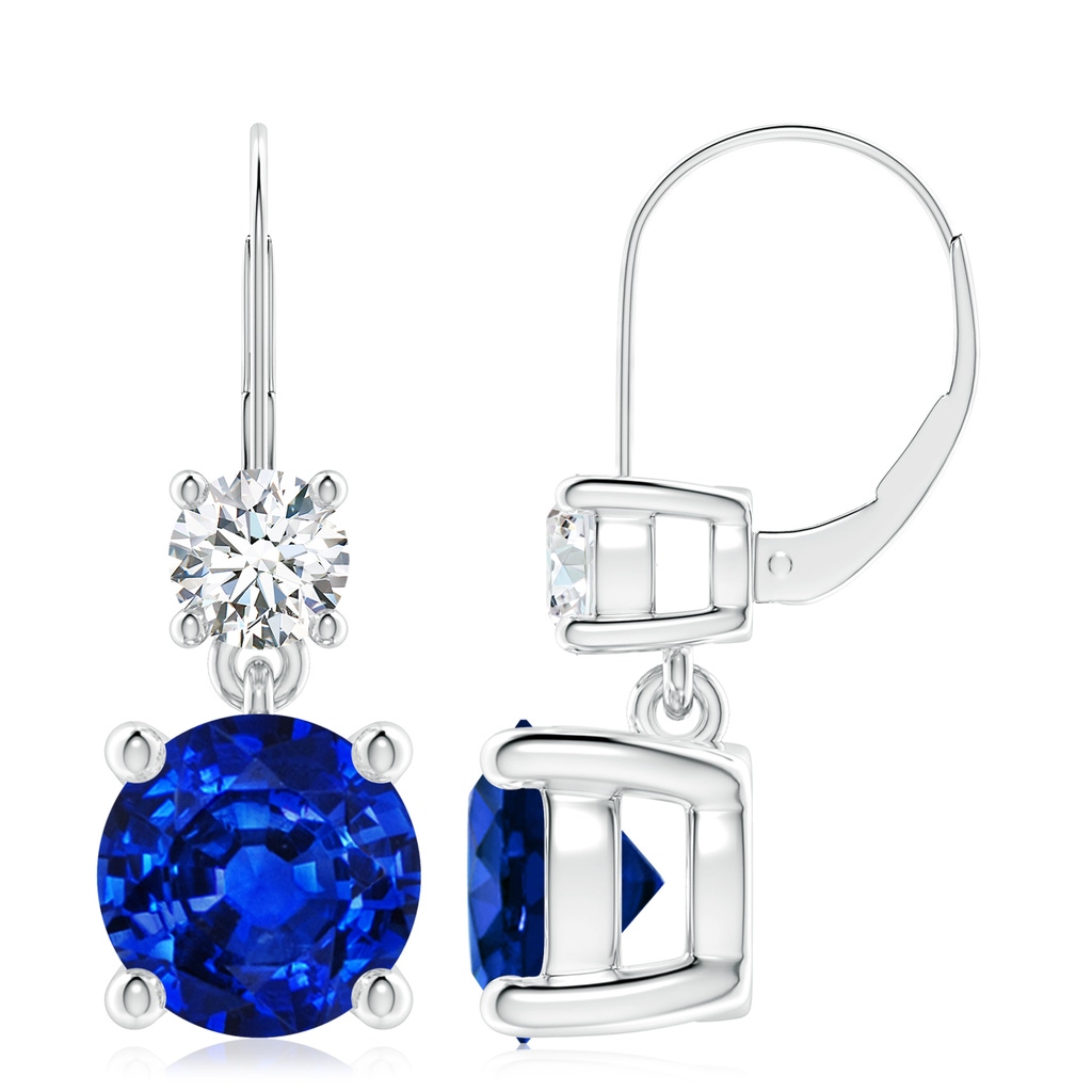 9mm AAAA Round Blue Sapphire Leverback Dangle Earrings with Diamond in P950 Platinum