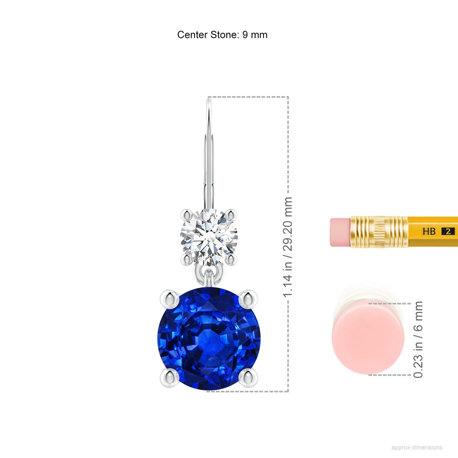 9mm Lab-Grown Round Blue Sapphire Leverback Dangle Earrings with Diamond in P950 Platinum ruler