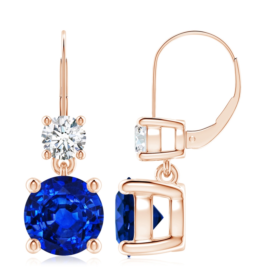 9mm AAAA Round Blue Sapphire Leverback Dangle Earrings with Diamond in Rose Gold 