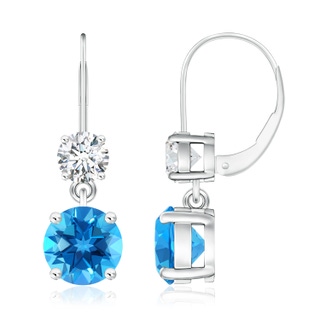 8mm AAAA Round Swiss Blue Topaz Leverback Dangle Earrings in P950 Platinum