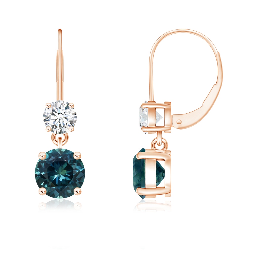 5mm AAA Round Teal Montana Sapphire Leverback Dangle Earrings with Diamond in Rose Gold