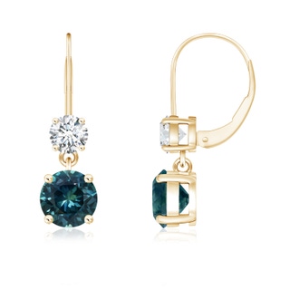 5mm AAA Round Teal Montana Sapphire Leverback Dangle Earrings with Diamond in Yellow Gold