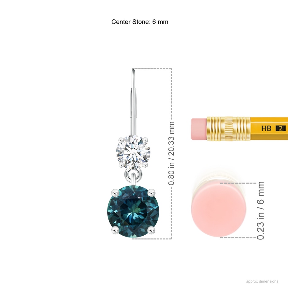 6mm AAA Round Teal Montana Sapphire Leverback Dangle Earrings with Diamond in White Gold product image