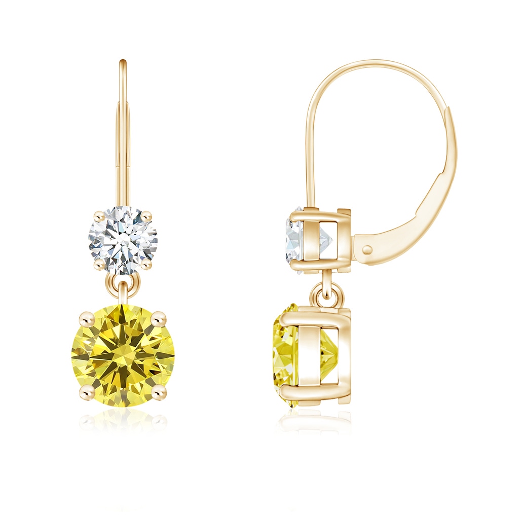 5mm AAAA Round Fancy Intense Yellow Diamond Leverback Dangle Earrings in Yellow Gold