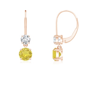 4mm AA Round Yellow Sapphire Leverback Dangle Earrings with Diamond in Rose Gold