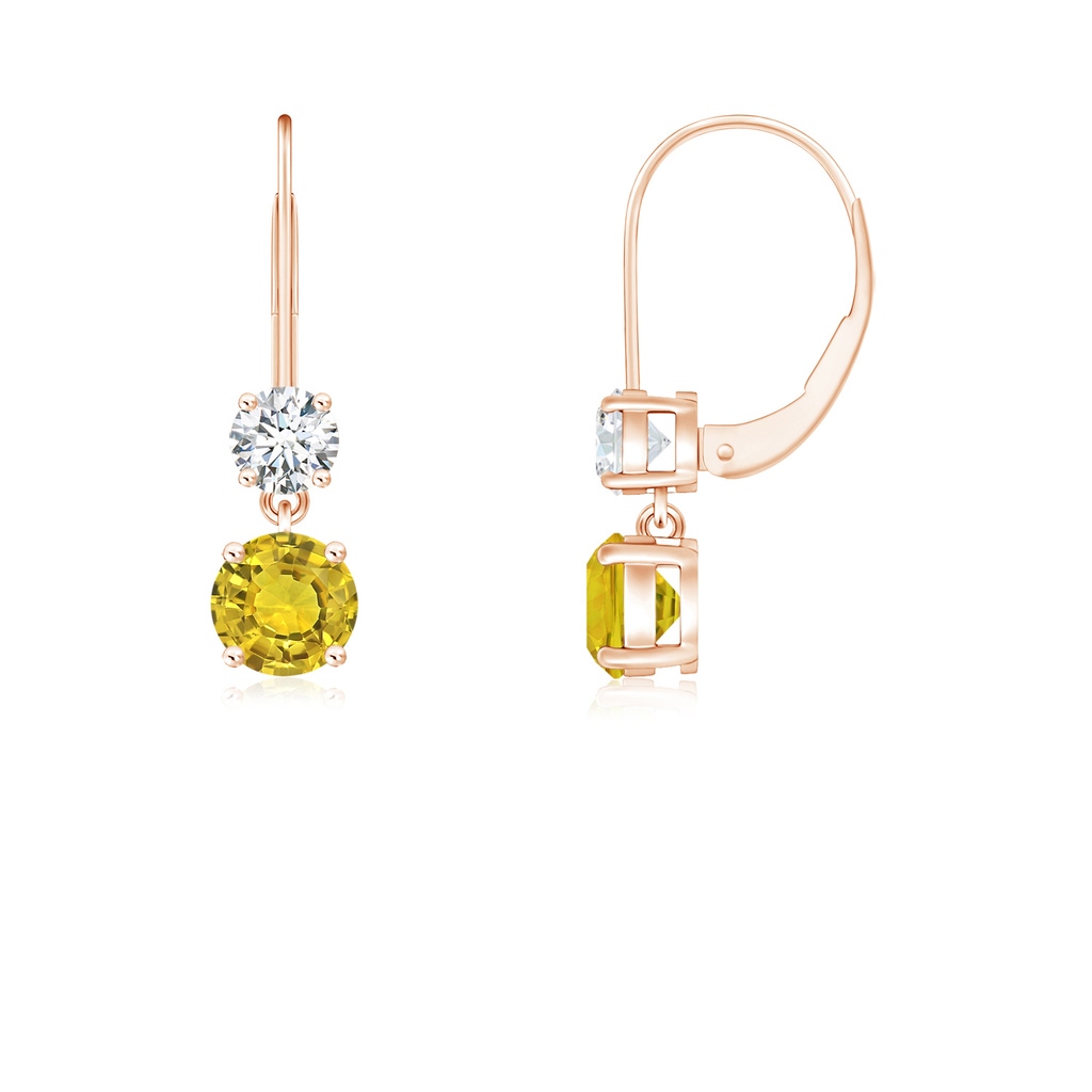 4mm AAAA Round Yellow Sapphire Leverback Dangle Earrings with Diamond in Rose Gold