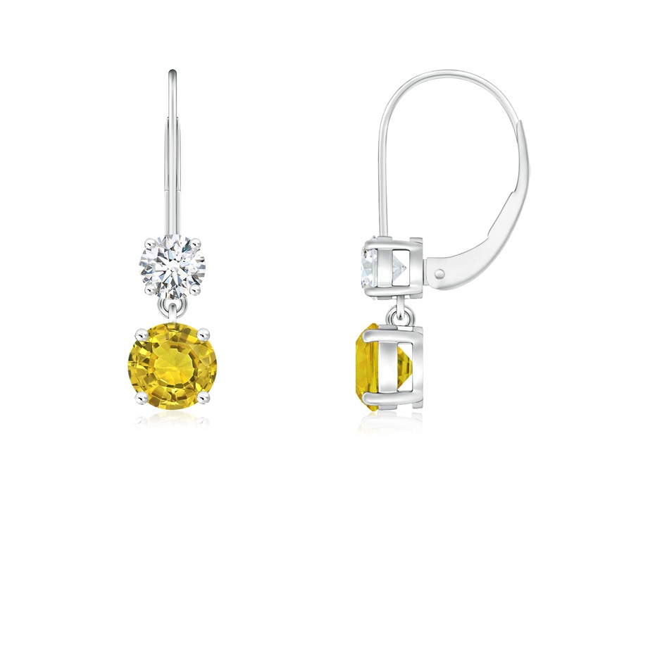 4mm AAAA Round Yellow Sapphire Leverback Dangle Earrings with Diamond in White Gold 