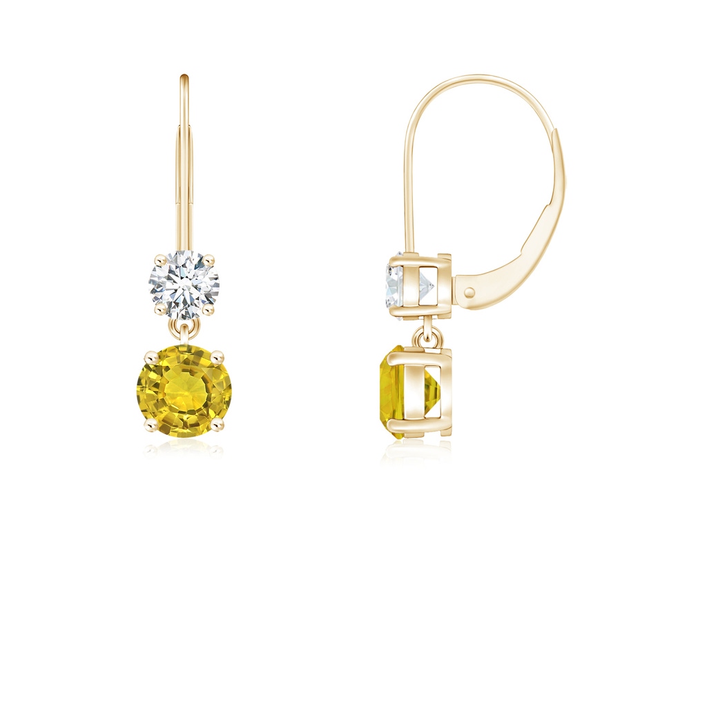 4mm AAAA Round Yellow Sapphire Leverback Dangle Earrings with Diamond in Yellow Gold