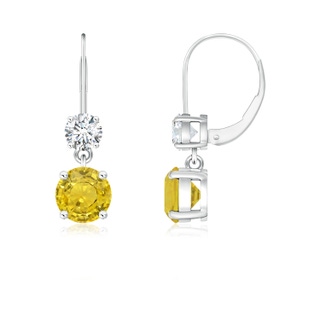 5mm AAA Round Yellow Sapphire Leverback Dangle Earrings with Diamond in White Gold