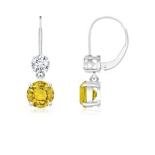 5mm AAAA Round Yellow Sapphire Leverback Dangle Earrings with Diamond in P950 Platinum